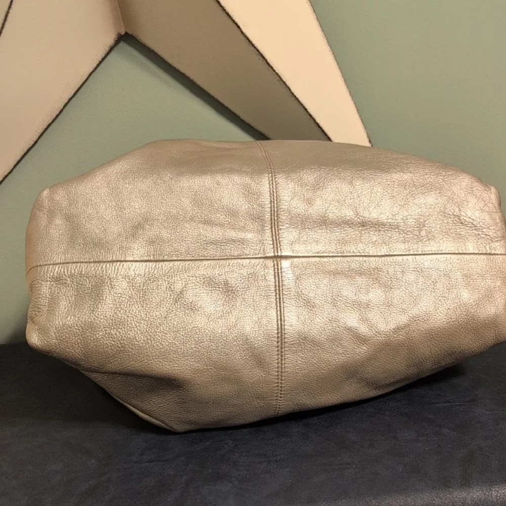 Elegant Metallic Leather Tote Bag Furla Hobo Purse 18 x 14 Clean